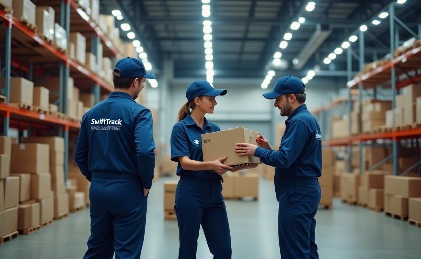 SwiftTrack team collaborating in logistics warehouse