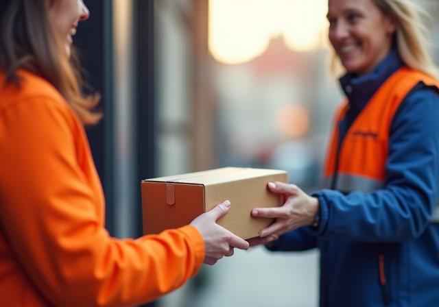 SwiftTrack courier handing parcel to smiling recipient